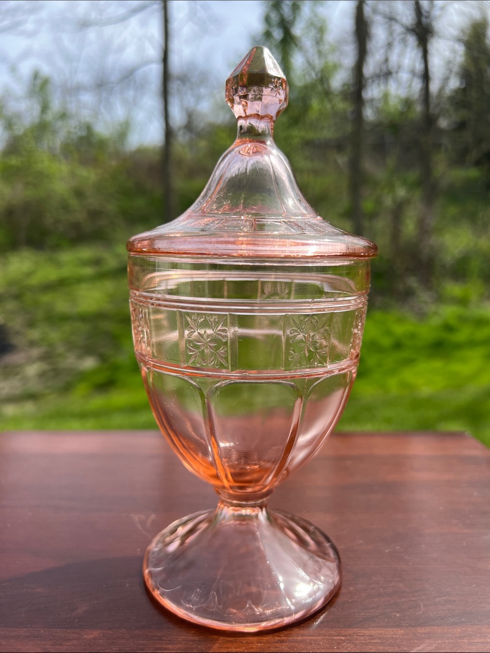 VTG Jeannette Doric Pattern Pink Depression Glass Footed Covered Candy Dish